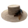 ANAHI natural crochet Cordovez wide brim straw hat with light brown grosgrain band and feather details handcrafted by State of Gracie.