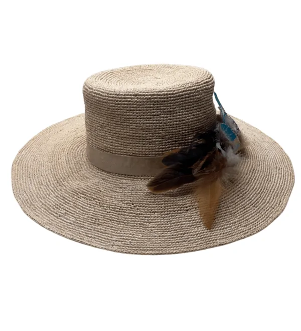 ANAHI natural crochet Cordovez wide brim straw hat with light brown grosgrain band and feather details handcrafted by State of Gracie.