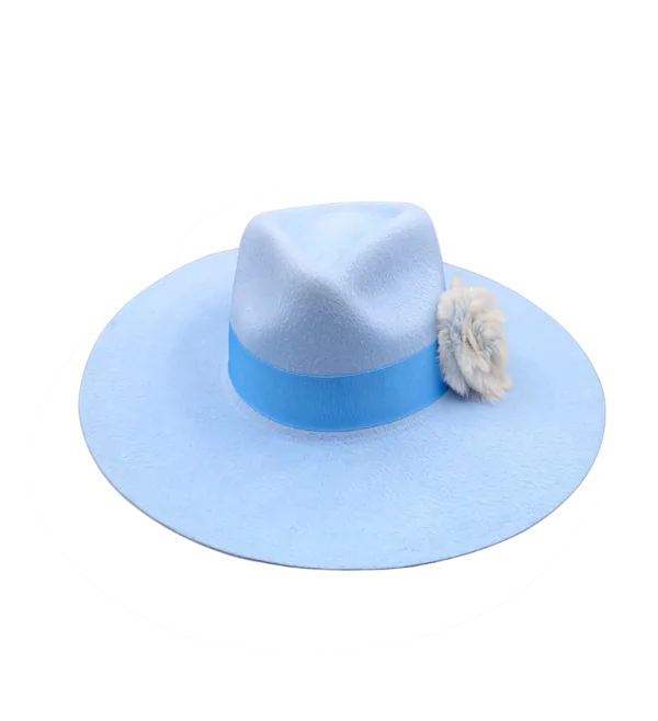 new-1 Yani teardrop fedora in sky blue velour felt with matching grosgrain ribbon and handcrafted rabbit hair flower brooch by State of Gracie.