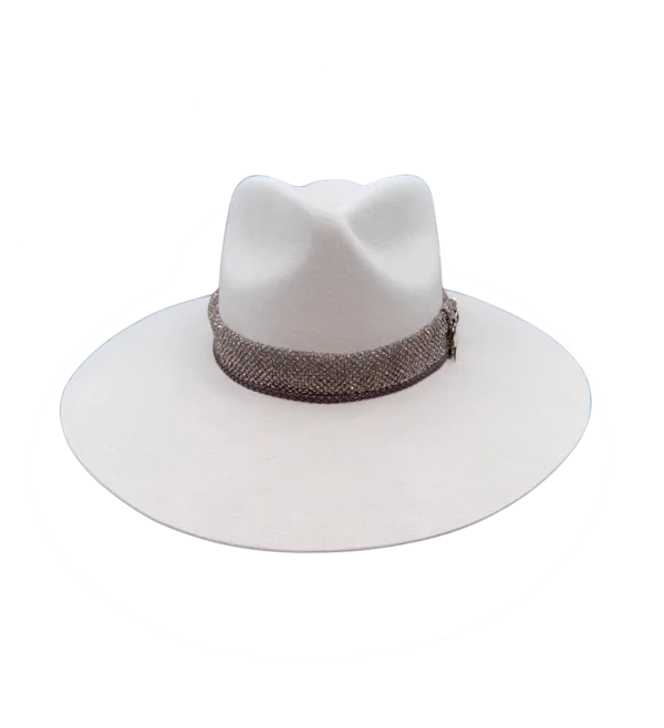 new-1 Penelope teardrop velour fedora in pork belly with braided vegan leather band, sparkle trim detail, metallic leaf accent and midnight floral silk lining, handcrafted by State of Gracie.